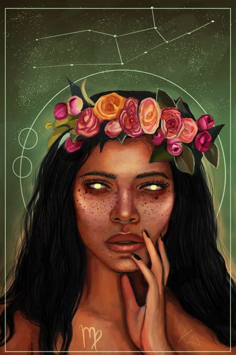 A Woman With Flowers On Her Head And Zodiac Signs Above Her Face In