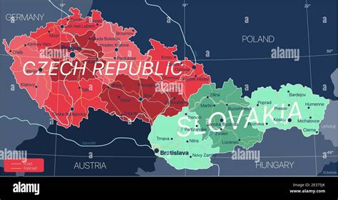 Czech Republic And Slovakia Countries Detailed Editable Map With Regions Cities And Towns Roads And Railways Geographic Sites Vector Eps 10 File 2E375JK 