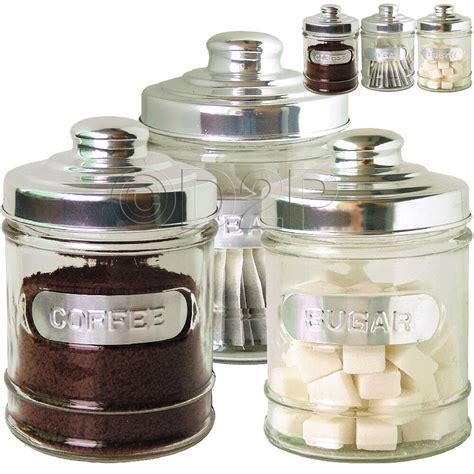 3pc Kitchen Glass Tea Coffee Sugar Stainless Steel Lid Jar Canister