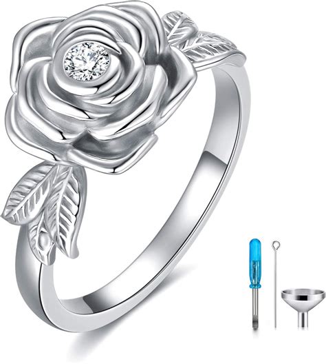 Aoboco 925 Sterling Silver Rose Flower Cremation Urn Ring Holds Loved