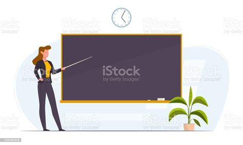 Teacher In Classroom Near Chalkboard Conduct Lesson Cartoon Flat Women