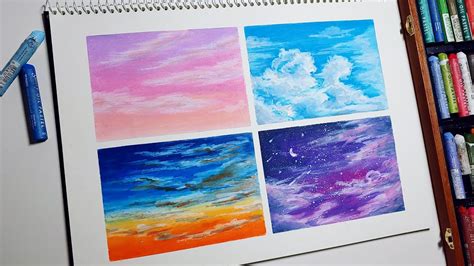 Oil Pastel Tutorial 35 4 Types Of Sky Cloud Landscape Drawing