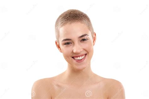 Feeling Happy Portrait Of A Cheerful And Beautiful Young Blond Woman With Short Hair And Nude