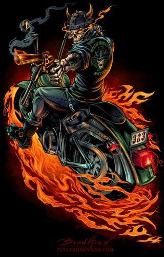 T Shirt Illustration Of A Skeleton Riding A Motorcycle Through Flames