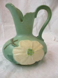 Vintage Weller Art Pottery Matte Green Pitcher With Cream Flower EBay