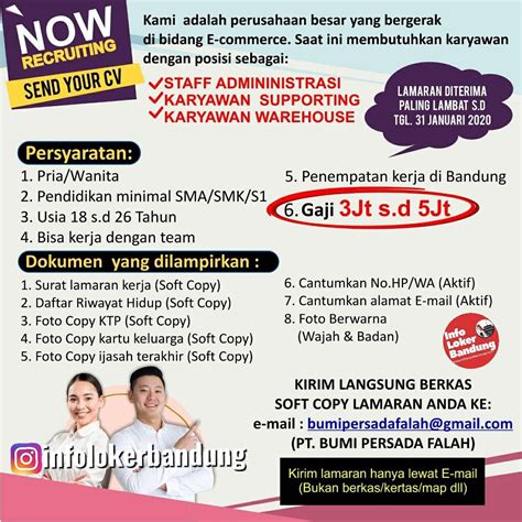 Aug 01, 2021 · dibawah ini merupakan beberapa informasi yang telah kami himpun mengenai lowongan kerja smk terbaru pada bulan agustus tahun 2021 dari sumber informasi lowongan kerja terpercaya, semoga informasi ini dapat bermanfaat bagi pembaca yang sedang mencari pekerjaan. Lowongan Kerja PT. Bumi Persada Falah Bandung Januari 2020 ...