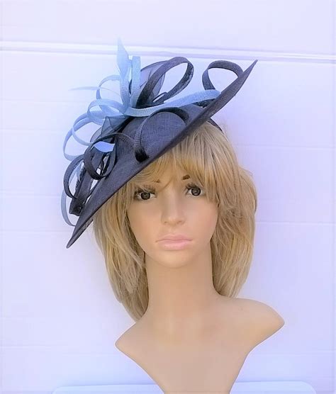 Amy Navy Blue With Powder Blue Feather Fascinator Stunning Sinamay