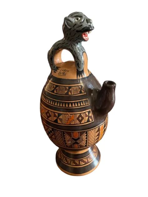 Vtg Peruvian Cusco Art Pottery Chicha Jug Vase Jaguar Vessel Inca Peru