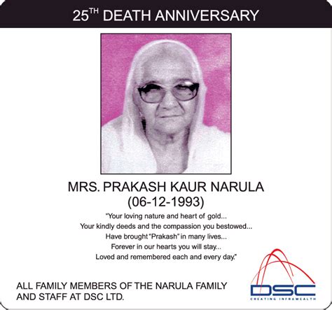 25th Death Anniversary Mrs Prakash Kaur Narula Ad Advert Gallery
