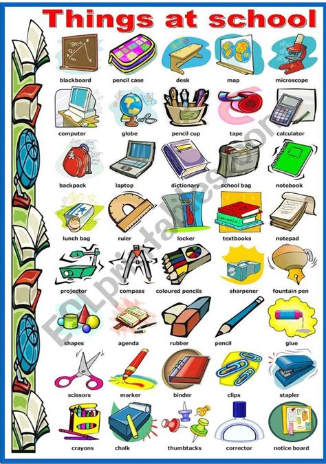 Things At School Pictionary Bandw Version Included Esl Worksheet By