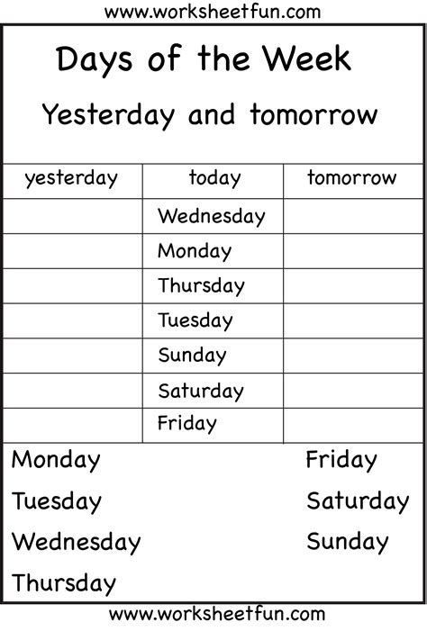 Days Of The Week Yesterday And Tomorrow 6 Worksheets Free