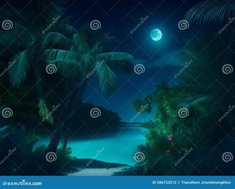 Moonlit Haven: Breathtaking Tropical Paradise Night Scene Stock