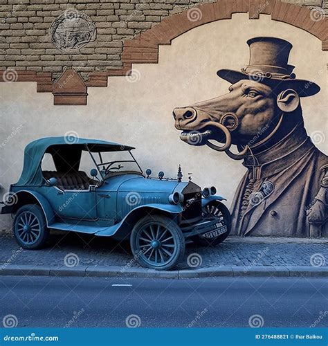 Vintage Blue Car with Beast Mural Retro Charm Stock Illustration