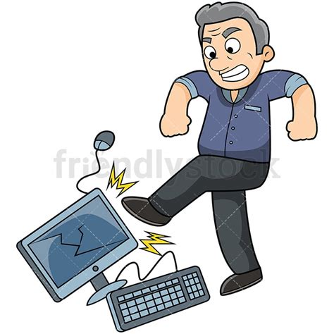 Angry Old Man Kicking Computer Cartoon Vector Clipart