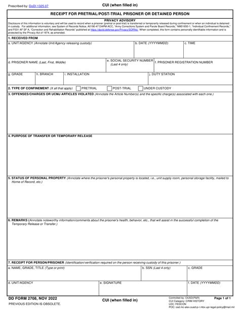 Dd Form 2708 Download Fillable Pdf Or Fill Online Receipt For Pretrial