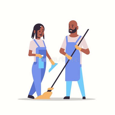 Couple Man Woman In Uniform Cleaning Service Concept African American