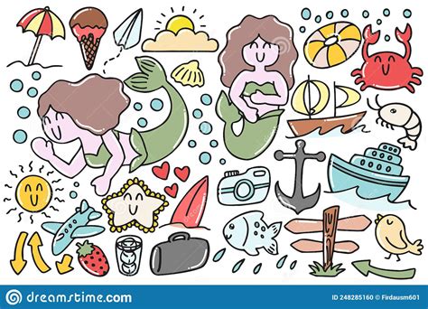 Set Of Cute Summer Doodles With Mermaid Stock Illustration