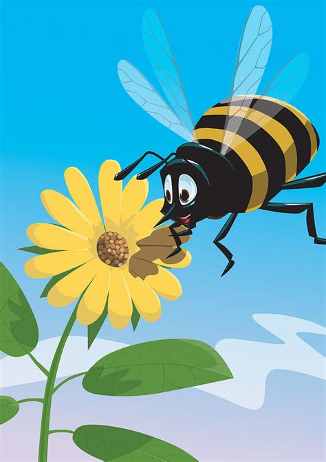 Happy Cartoon Bee With Yellow Flower Digital Art By Martin