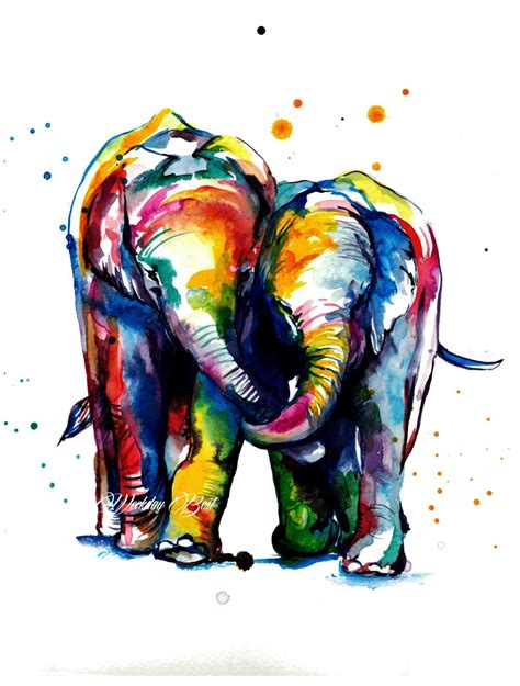 Two Elephants Holding Trunks Colorful Print Of Original Watercolor