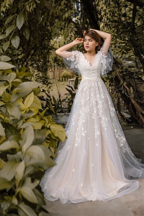 Sophia Blush Wedding Dress With Flutter Sleeve Wedding Dresses Lace