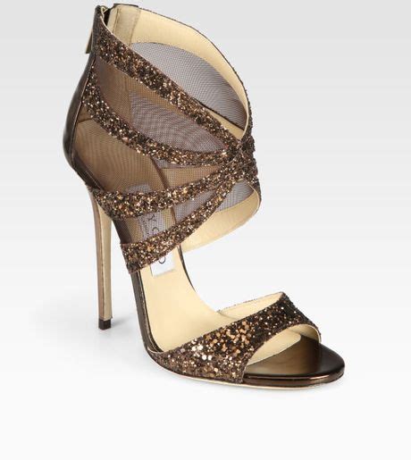 jimmy choo leila glitter coated metallic leather and mesh sandals in gold bronze lyst