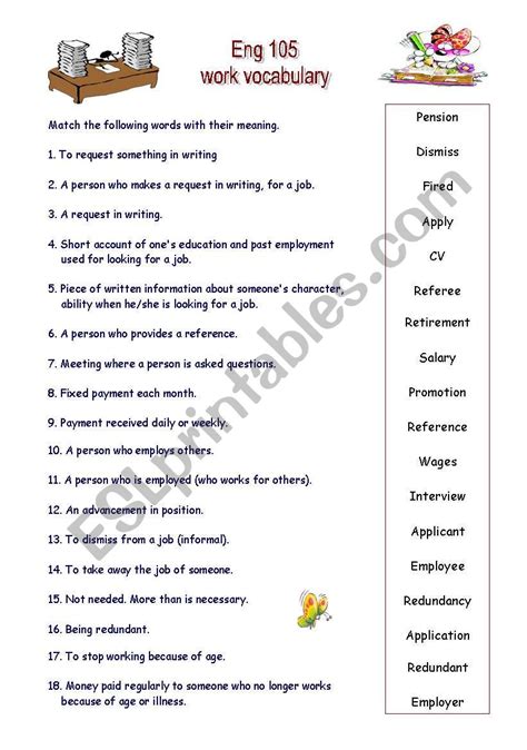 Work Vocabulary 1 Esl Worksheet By Hidden Pearl