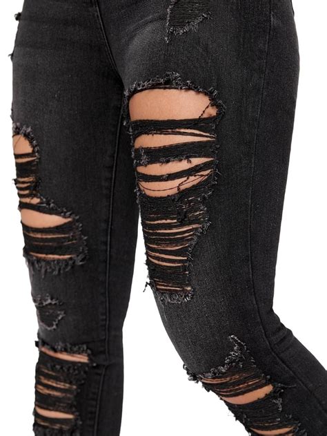 Womens High Waist Denim Pants Ripped Skinny Jeans Black