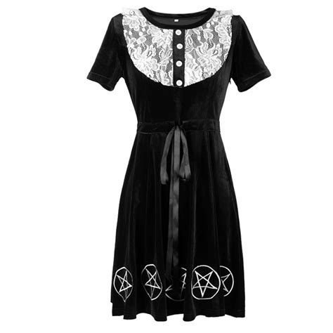 Gothic Velvet Dress Black Women Kawaii Bow Lace Gothic Style Pentagram Embroidery Loose Girls