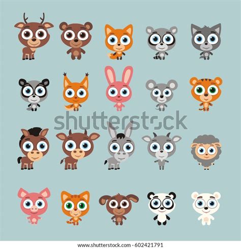 Set Isolated Funny Animals Big Eyes Stock Vector Royalty Free 602421791