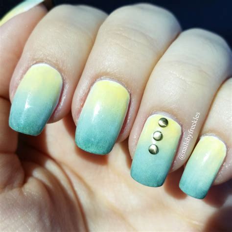 Yellow And Green Ombre Nails With Gold Studs Nail Art By