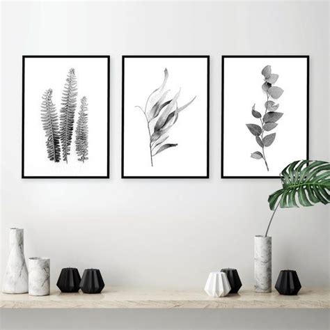 downloadable set of 3 botanical prints black white monochrome etsy printable art set framed