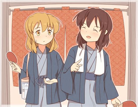 2girls alternate costume ball blonde hair bow brown hair closed eyes japanese clothes kimono