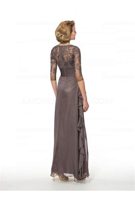 Long V Neck Lace Chiffon 3 4 Length Sleeves Mother Of The Bride Dresses