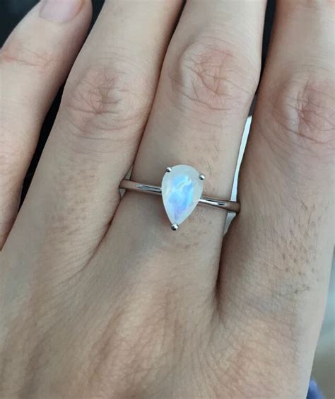 Teardrop Rainbow Moonstone Ring Moonstone Prong Silver Ring Stackable