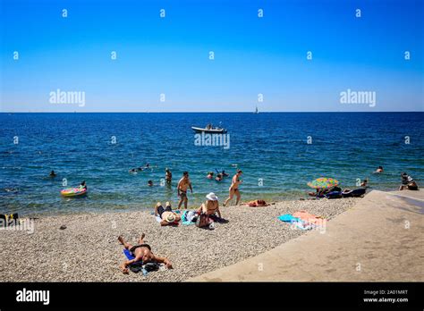 Piran Istria Slovenia Beach Life On The Fornace Beach Of The