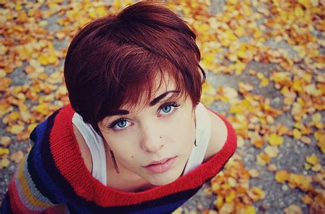 Hd Wallpaper Sweater Lana Branishti Redhead Women Outdoors Blue
