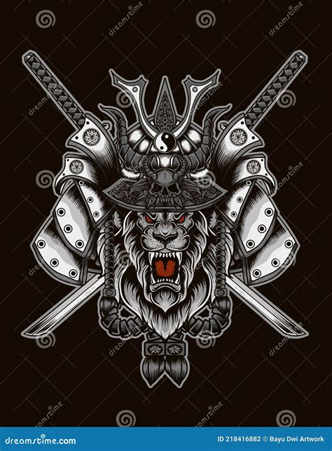 Illustration Lion Samurai Head With Two Katana Sword Stock Vector Illustration Of Angry