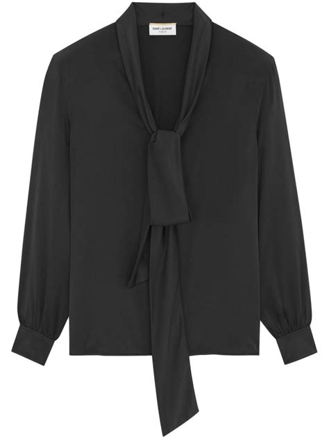 saint laurent pussy bow collar silk shirt in black modesens