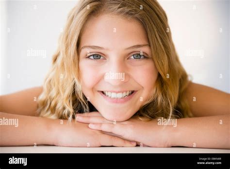 Portrait Of Smiling Girl 12 13 Stock Photo Alamy