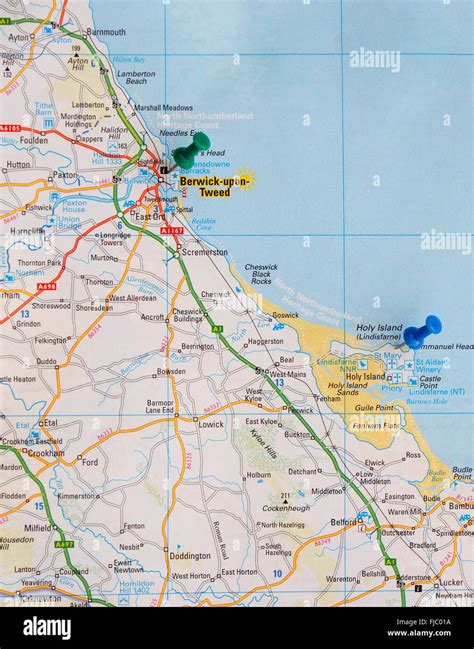 Road Map Of The North East Coast Of England With Map Pins