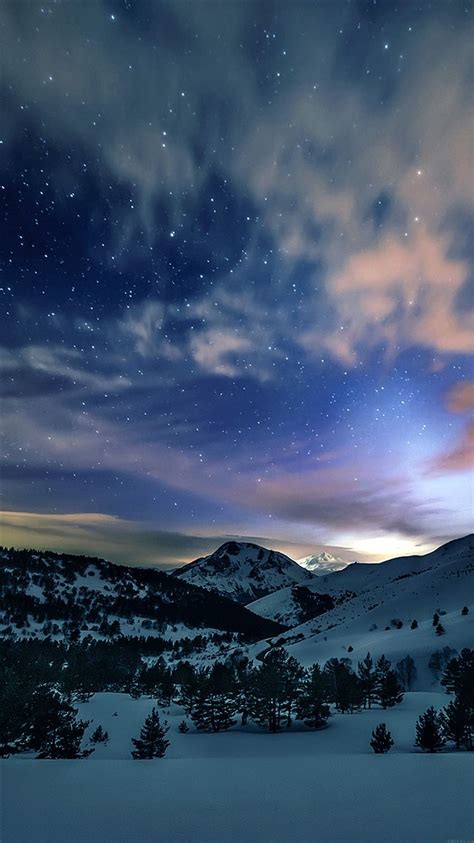 Aurora Star Sky Snow Mountain Winter Nature Iphone 8 Wallpapers Free