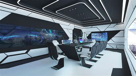 A Futuristic Office With Black And White Furniture
