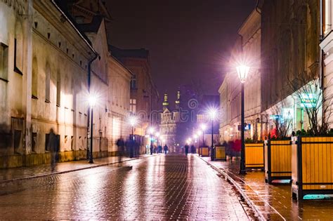 Night Street In The Krakow Poland Editorial Stock Image Image Of