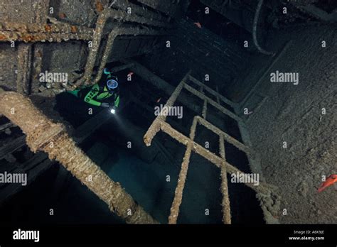 Scuba Diver In Shipwreck Shipwreck Elviscot Pomonte Elba Italy