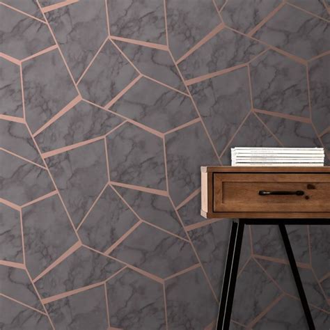 Fractal Geometric Marble Wallpaper Charcoal Grey And Copper Fine Decor Fd42266 In 2020