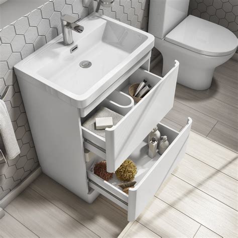 600mm White Gloss Floorstanding Vanity Basin Unit With 2 Drawers