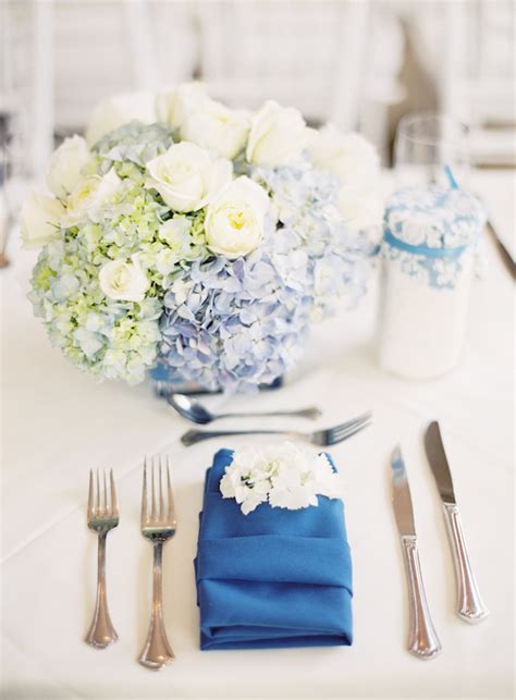 Blue And White Hydrangea And White Rose Centerpiece Elizabeth Anne