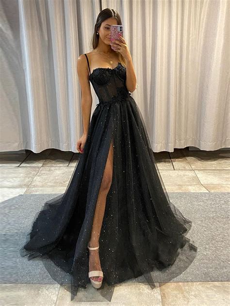 Keily Black A Line Spaghetti Straps Glitter Tulle Prom Dress With Slit Kissprom