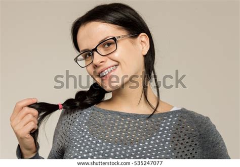 Nerd Girl Glasses Brackets On Teeth Stock Photo 535247077 Shutterstock