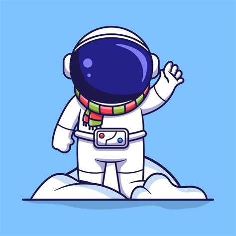 Cute Astronaut Character Is Standing On The Snow Pile And Waving Flat